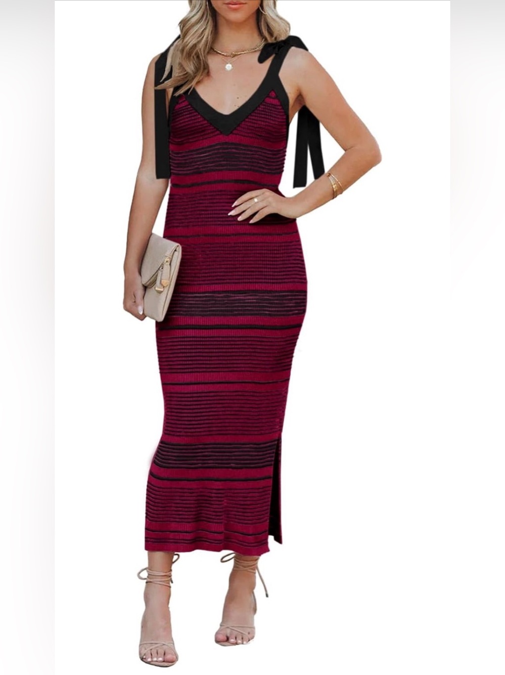 A186 Saodimallsu Sleeveless Burgundy & Black Striped V-Neck Maxi MED Dress NWT